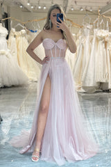 Light Pink A Line Long Corset Prom Dress With Slit