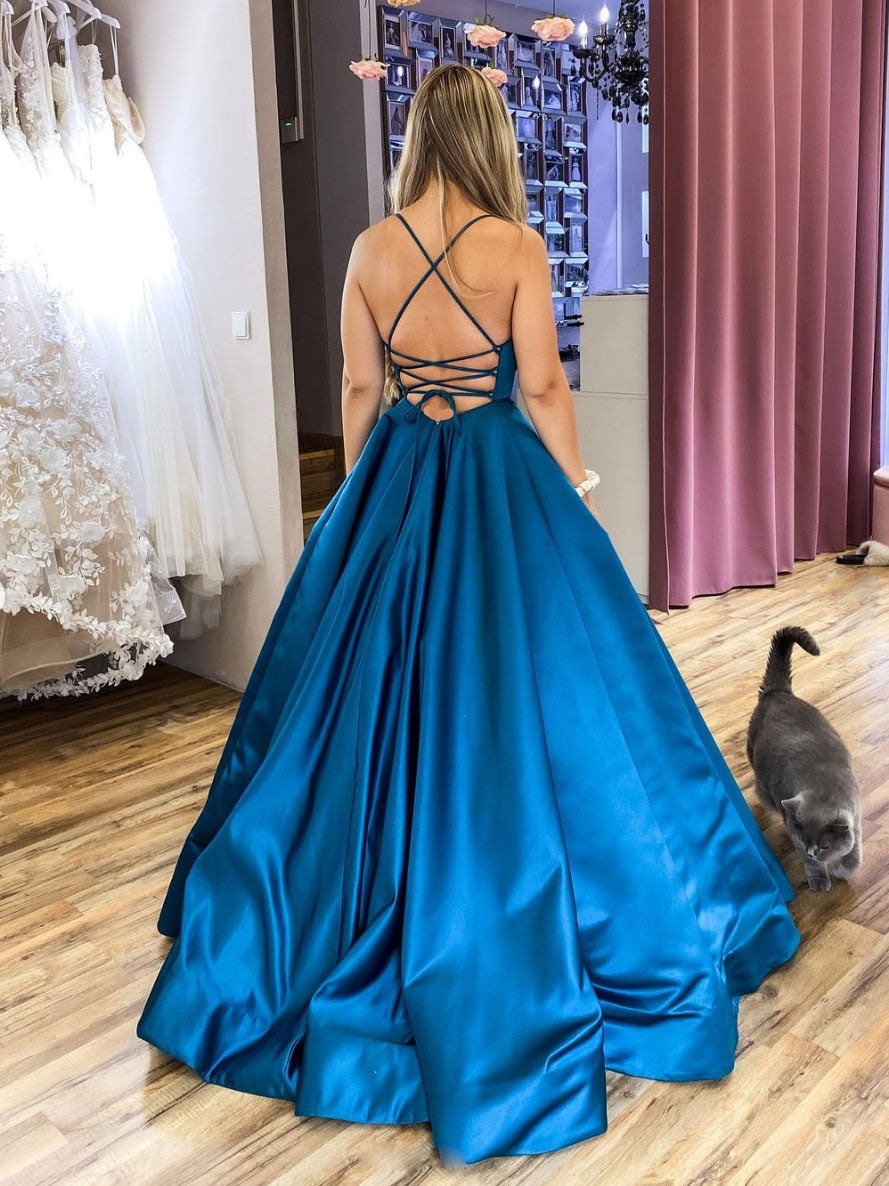 Simple Blue Satin Backless Long Prom Dress Blue Evening Dress