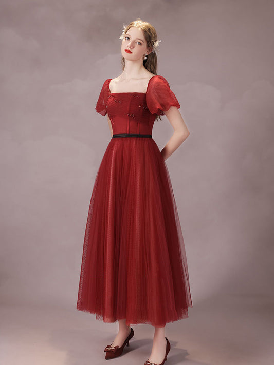 A-Line Burgundy Tulle Tea-Length Prom Dress Burgundy Formal Dress