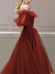 Burgundy Tulle Off-Shoulder Long Prom Dress Burgundy Evening Gown