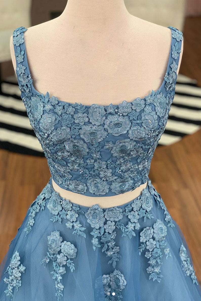 Blue Two-Piece Lace Tulle Long Prom Dress Blue Evening Dress