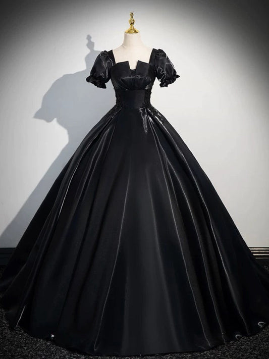 A-Line Short Sleeve Satin Black Long Prom Dress Black Long Evening Dress