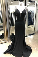 Black V-Neck Mermaid Long Prom Dress Black Evening Dress