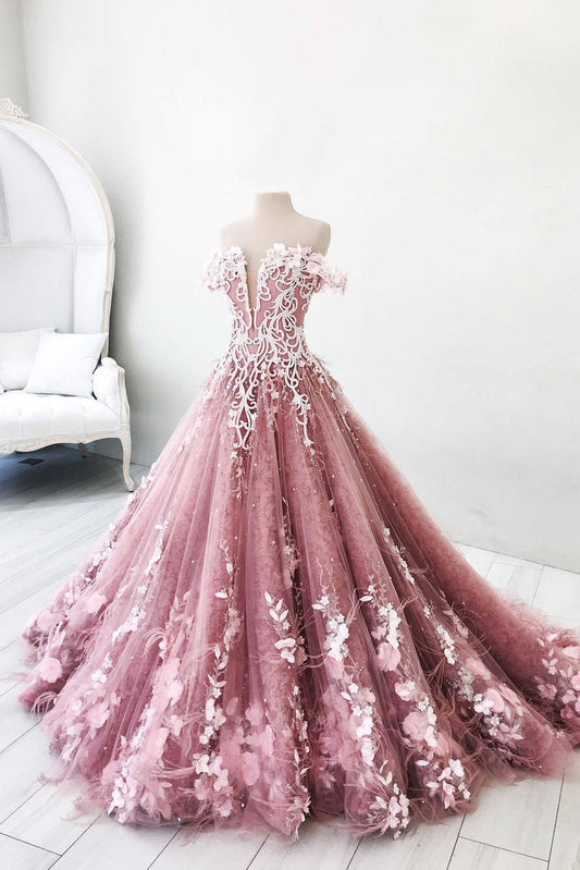 Unique Pink Tulle Lace Long Prom Dress Pink Tulle Lace Evening Dress