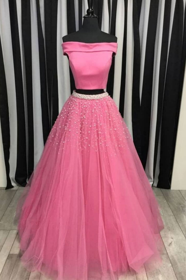 Pink Two-Piece Tulle Beaded Long Prom Dress Pink Evening Dress