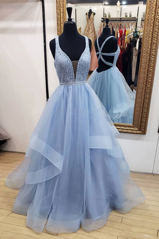 Blue V-Neck Tulle Long Prom Dress Blue Tulle Evening Dress