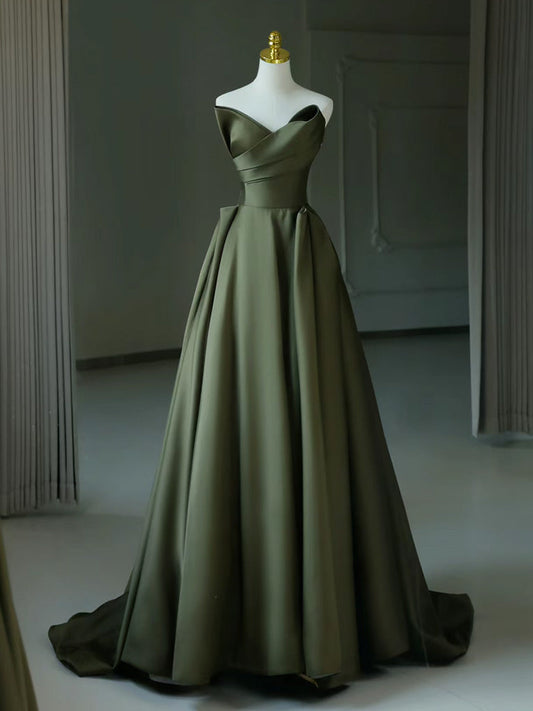 A-Line V-Neck Satin Green Long Prom Dress Green Long Formal Dress