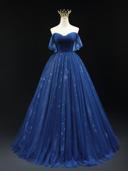 A-Line Off-Shoulder Tulle Dark Blue Long Prom Dress Blue Tulle Formal Gown