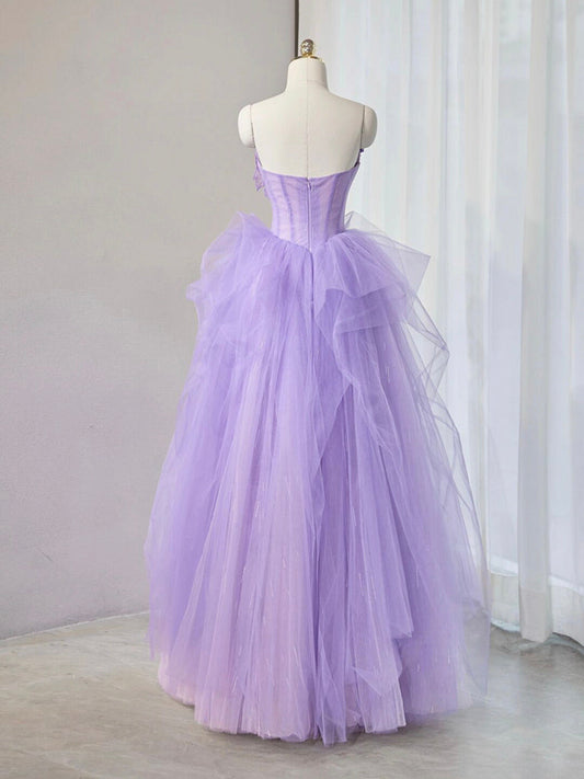 A-Line Sweetheart Neck Tulle Lace Appliqu¨¦ Purple Long Prom Dress Purple Formal Dress