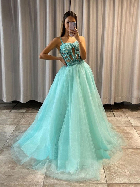 Green A-Line Tulle Lace Long Prom Dress Green Tulle Lace Formal Dress