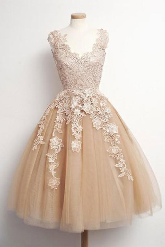 Champagne Tulle Lace Short Prom Dress Cute Homecoming Dress