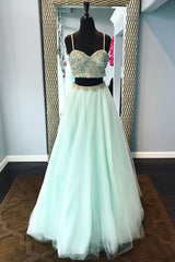 Green Two-Piece Tulle Beaded Long Prom Dress Green Evening Dress