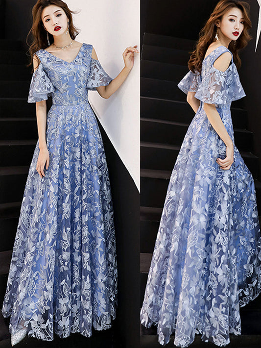 A-Line V-Neck Lace Long Prom Dress Blue Formal Graduation Dress