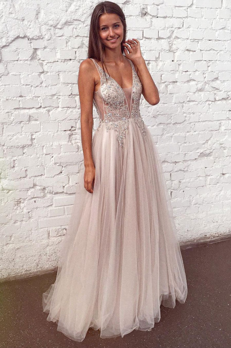 Unique V-Neck Tulle Lace Long Prom Dress Tulle Evening Gown