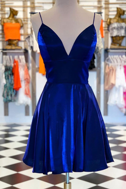 Simple V-Neck Blue Short Prom Dress Blue Homecoming Dress