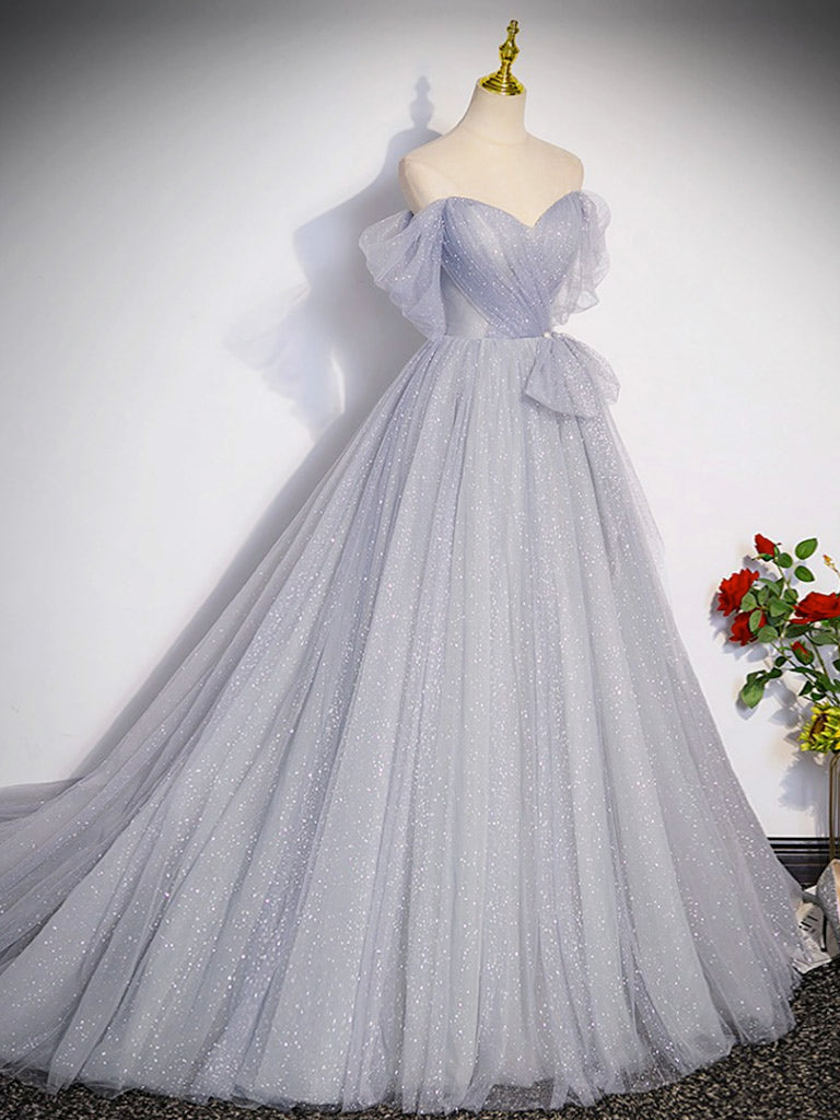 A-Line Off-Shoulder Tulle Long Gray Prom Dress Gray Formal Dress