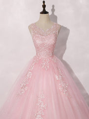 A-Line Round Neck Tulle Lace Pink Long Prom Dress Pink Formal Dress