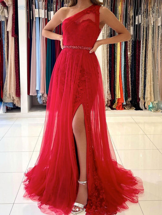 Red One-Shoulder Tulle Lace Long Prom Dress Red Evening Dress