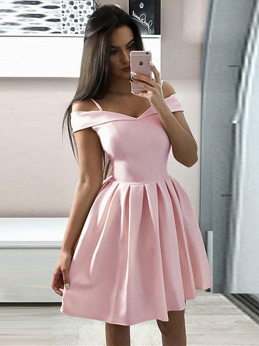 Simple Pink Off-Shoulder Satin Short Prom Dress Pink Homecoming Dress