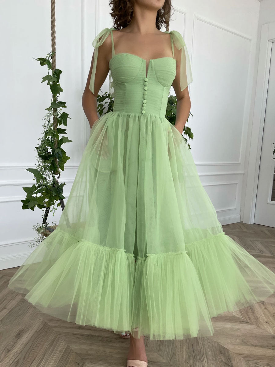 Simple Green Tulle Tea-Length Prom Dress Green Tulle Formal Dress