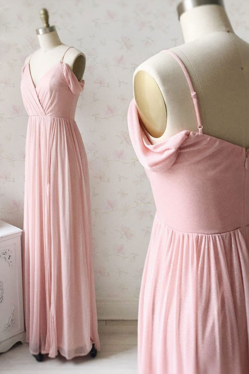 Simple V-Neck Off-Shoulder Pink Prom Dress Pink Bridesmaid Dress