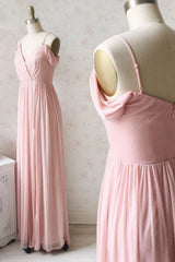 Simple V-Neck Off-Shoulder Pink Prom Dress Pink Bridesmaid Dress