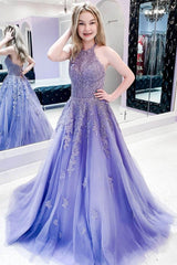 Purple Tulle Lace Long Prom Dress Purple Lace Formal Gown