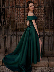 Simple Off-Shoulder Satin Green Long Prom Dress Green Evening Dress