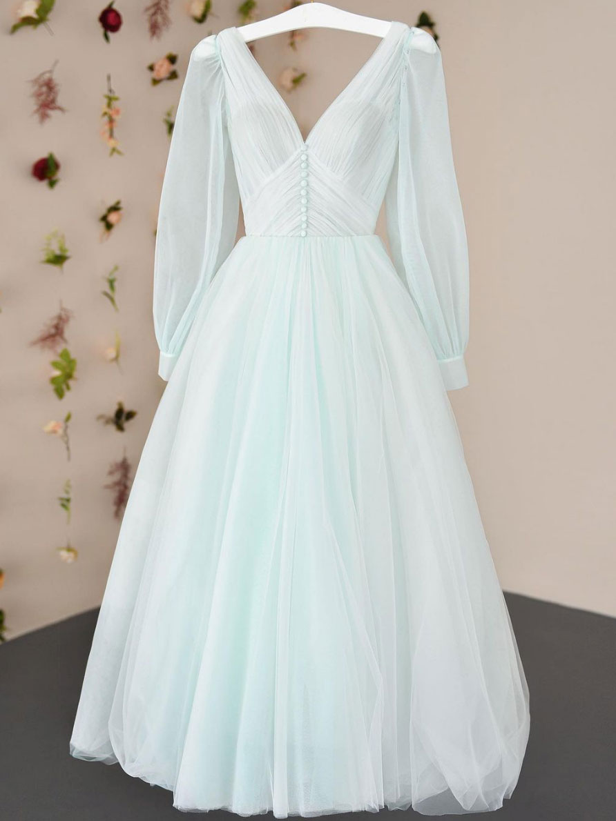 Simple V-Neck Tulle Tea Length Prom Dress Tulle Formal Dress