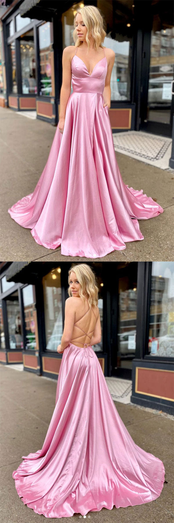 Simple V-Neck Satin Long Prom Dress Pink Long Evening Dress