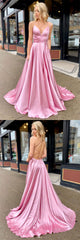 Simple V-Neck Satin Long Prom Dress Pink Long Evening Dress