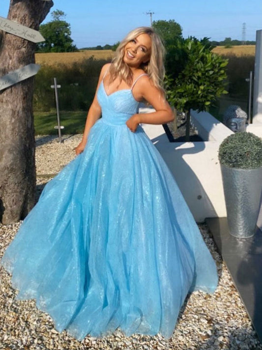 Simple V-Neck Blue Tulle Sequin Long Prom Dress Blue Evening Dress