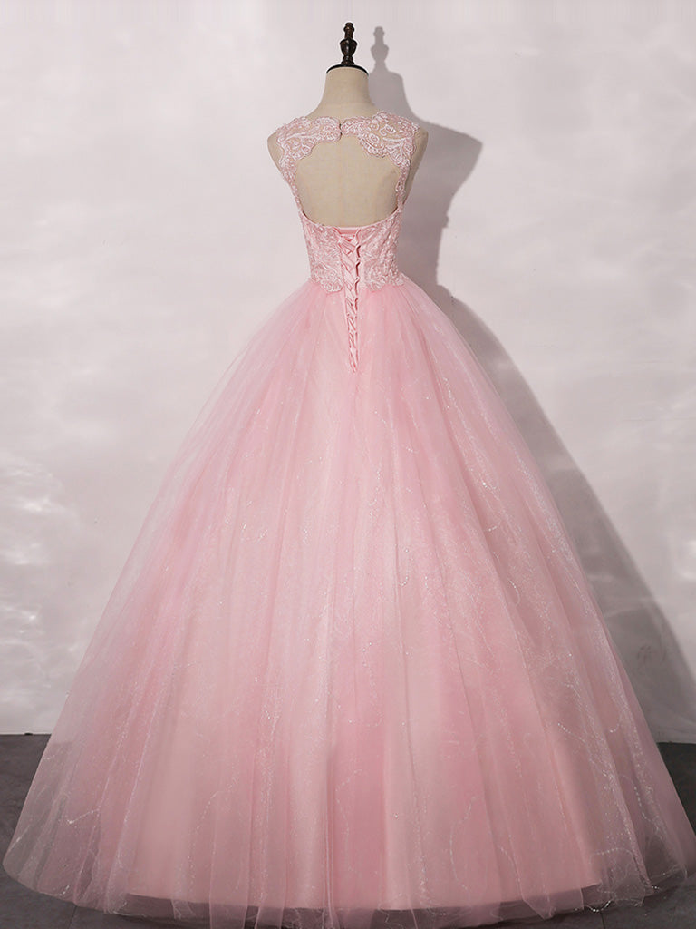 A-Line Round Neck Tulle Lace Pink Long Prom Dress Pink Formal Dress