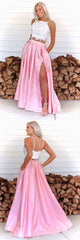 Pink Two-Piece Lace Long Prom Dress Pink Formal Dress