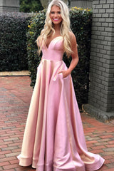 Simple Pink V-Neck Satin Long Prom Dress Pink Formal Dress