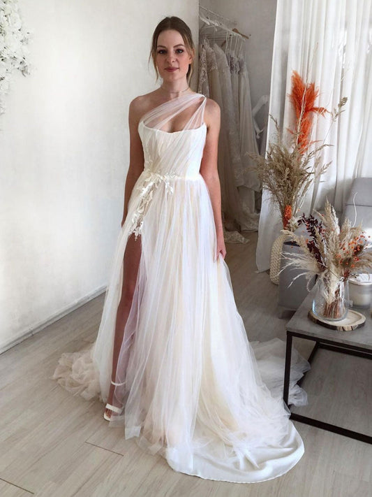 Light Champagne One-Shoulder Lace Tulle Long Prom Dress Champagne Evening Dress