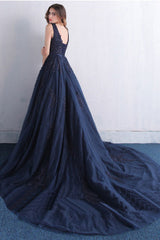 Dark Blue V-Neck Tulle Lace Long Prom Dress Blue Evening Dress