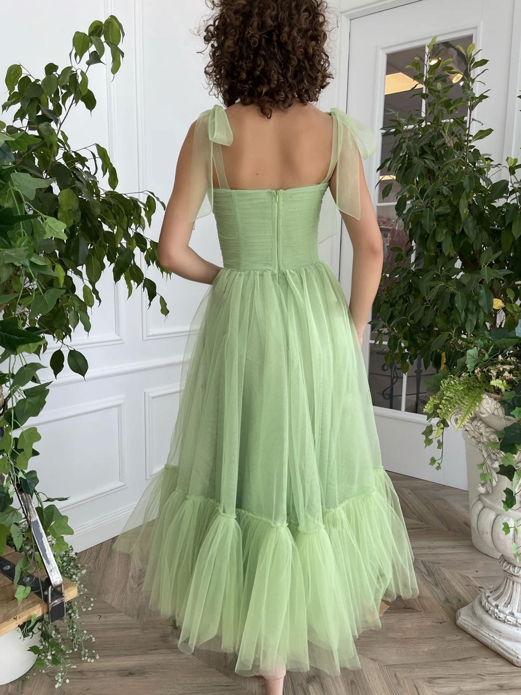 Simple Green Tulle Tea-Length Prom Dress Green Tulle Formal Dress