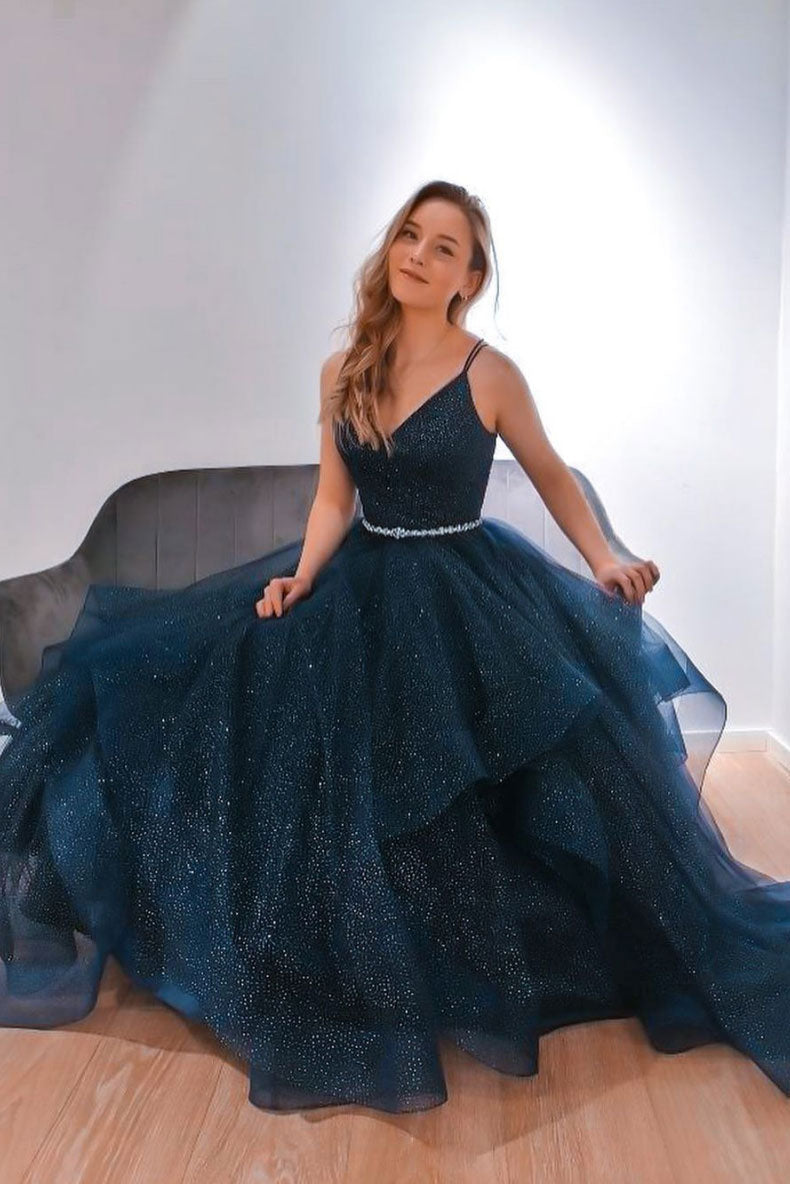 Dark Blue V-Neck Tulle Sequin Long Prom Dress Blue Formal Dress