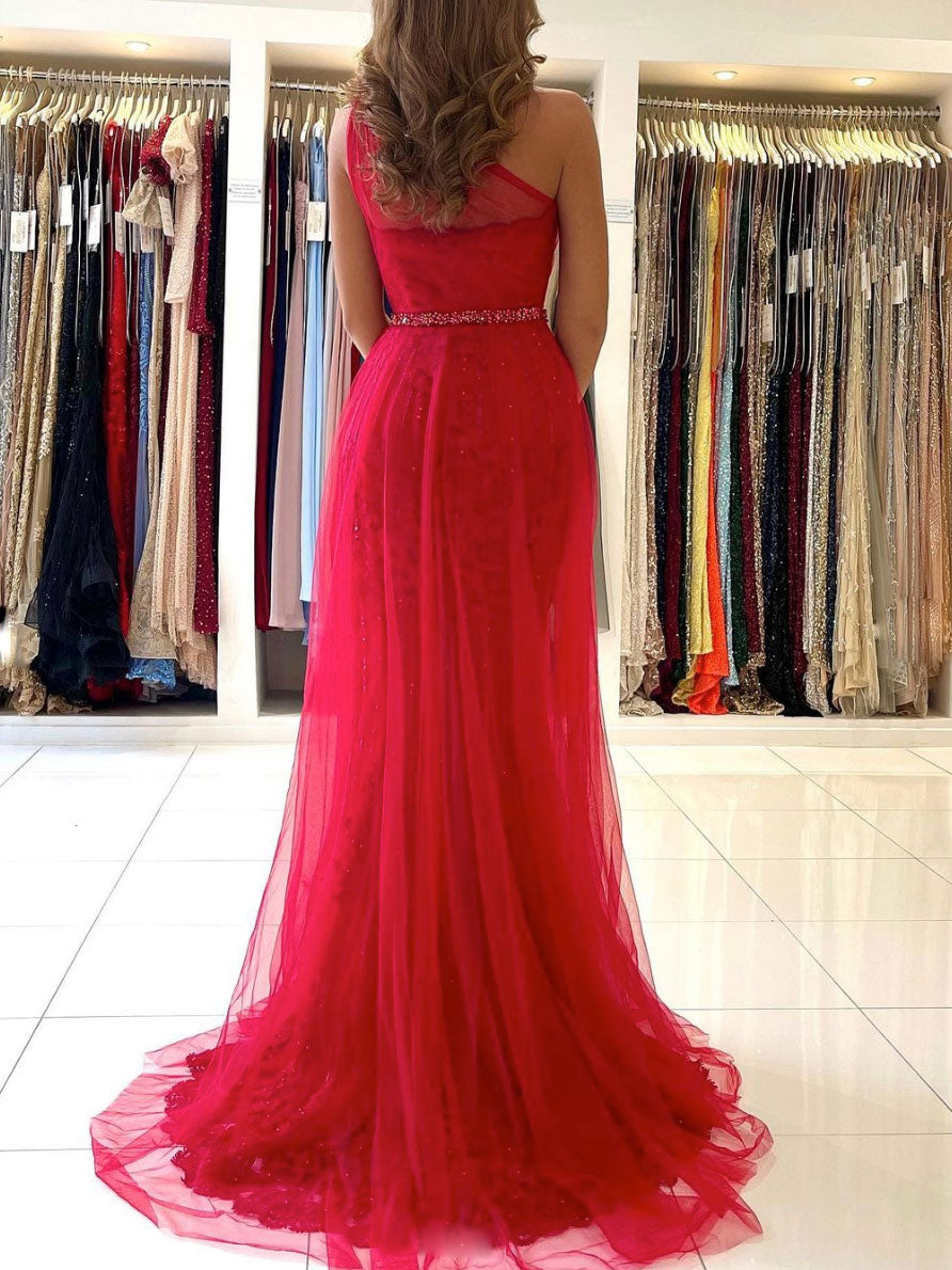 Red One-Shoulder Tulle Lace Long Prom Dress Red Evening Dress