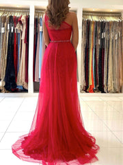 Red One-Shoulder Tulle Lace Long Prom Dress Red Evening Dress