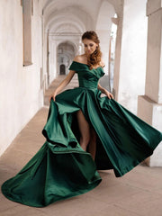 Simple Off-Shoulder Satin Green Long Prom Dress Green Evening Dress