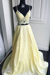 Yellow Lace Two-Piece Long Prom Dress Lace Formal Dress