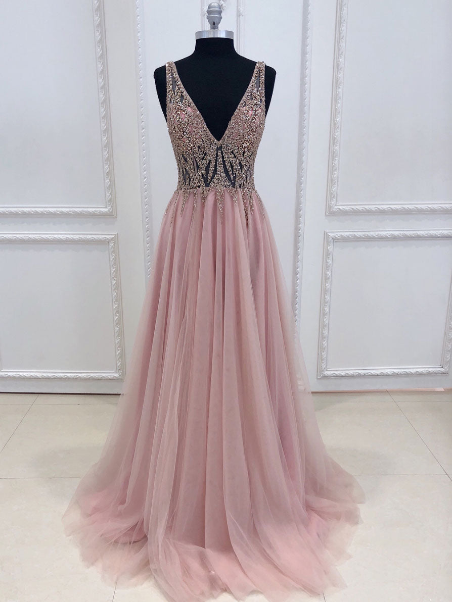 Pink V-Neck Tulle Beaded Long Prom Dress Pink Formal Dress