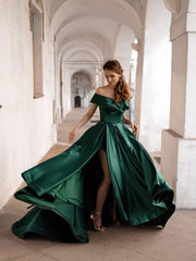 Simple Off-Shoulder Satin Green Long Prom Dress Green Evening Dress