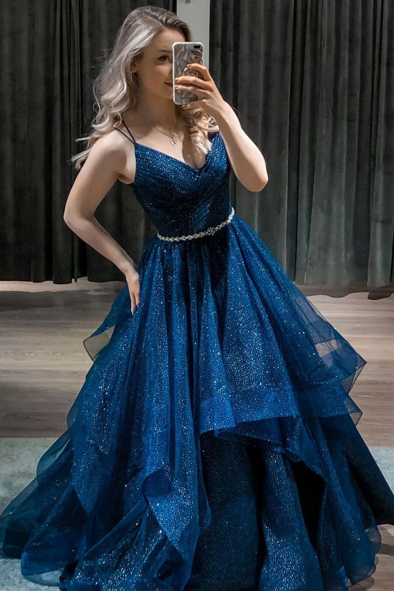 Dark Blue V-Neck Tulle Sequin Long Prom Dress Blue Formal Dress