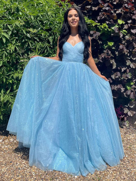 Simple V-Neck Blue Tulle Sequin Long Prom Dress Blue Evening Dress