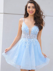 Blue V-Neck Tulle Lace Short Prom Dress Blue Tulle Homecoming Dress