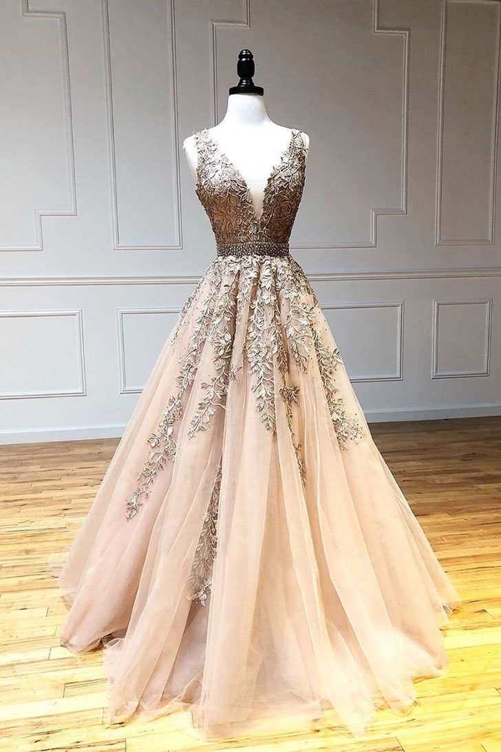 Champagne V-Neck Tulle Lace Beads Long Prom Dress Tulle Formal Gown