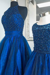 Blue High Neck Tulle Beaded Long Prom Dress Blue Evening Dress